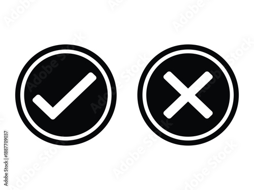 Black and white correct and wrong symbols – Functional visual markers for indicating approval status, evaluation results, correction tasks, and verification stages in digital and printed media