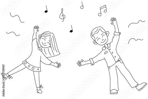 Vector girl and boy listening to music and dancing