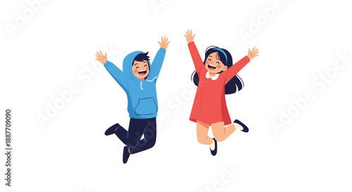 Cheerful boy in a blue hoodie and girl in a red dress jumping together in excitement against a white background.