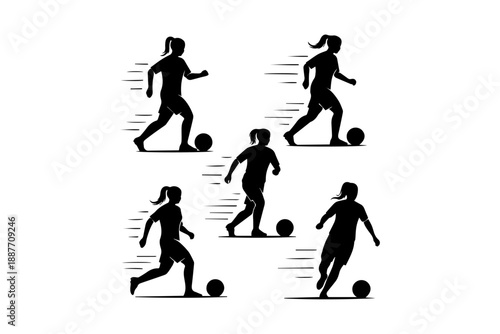 Dynamic silhouettes of female soccer players showcasing various dribbling and running actions