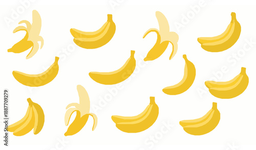 Bright cartoon banana vector icons set with peeled, whole, and bunch tropical fruit