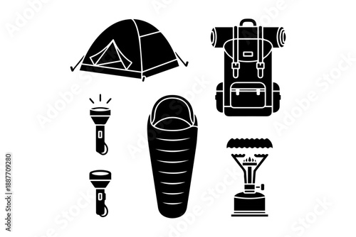 Essential camping gear icons featuring a tent, backpack, flashlight, sleeping bag, and stove for outdoor adventures