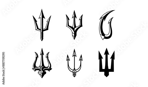 Vector trident illustration set with modern, classic, and stylized logo design elements
