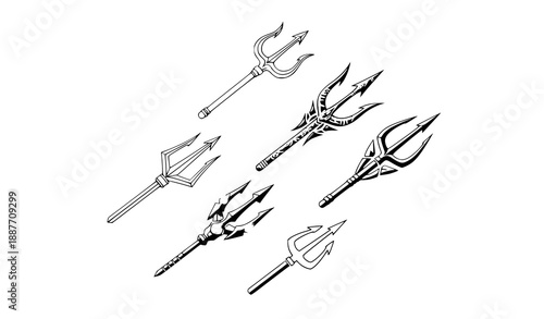 Minimalist vector trident illustration set with unique logo and emblem design elements