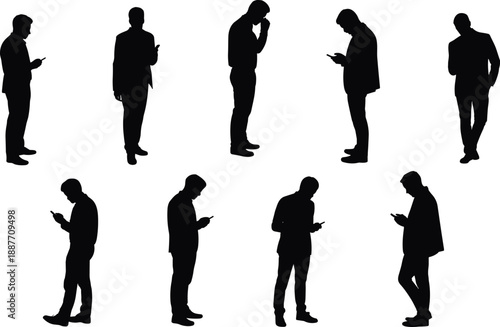 Business man silhouette set using smartphone isolated on white background, mobile communication, technology addiction, social media, corporate lifestyle, graphic design