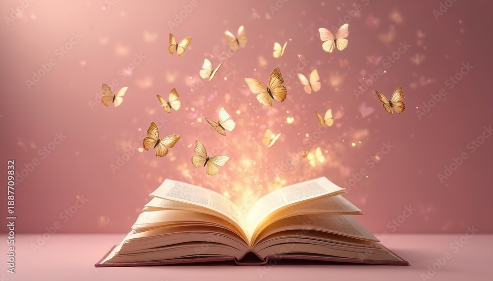 Fototapeta premium Golden butterflies fly from open book on pink background, suggesting magic and imagination. Story unfolds with glowing pages, inspiring dreams and wonder for readers of all ages.