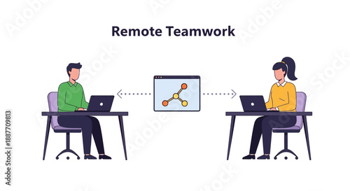 Remote Teamwork Collaboration: People working on laptops connected by network diagram
