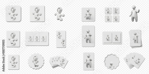 Set of white plasticine figures of human shapes and cards on a transparent background, 3D rendering.
