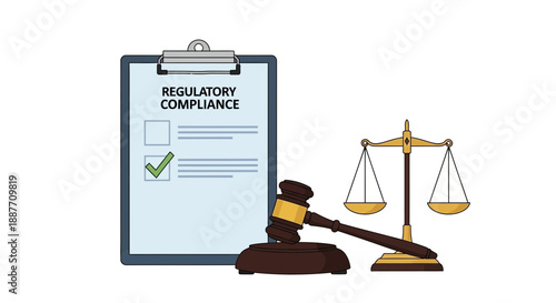 Regulatory Compliance Gavel Scales of Justice Clipboard Checklist Legal Concept