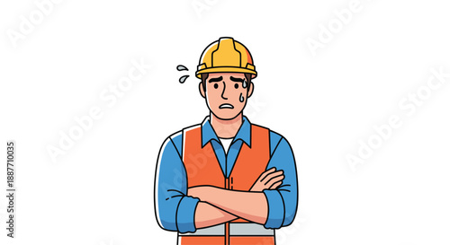 Stressed male construction worker wearing orange safety vest and yellow hard hat stands with crossed arms and worried expression.