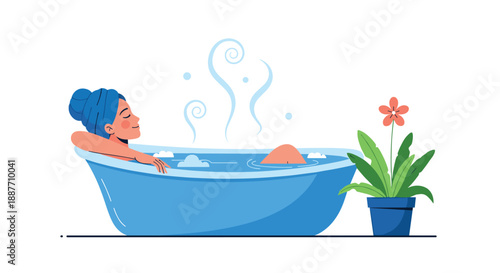 Relaxed woman enjoys warm bubble bath with steam rising while resting in blue tub next to green potted plant on minimalist background.