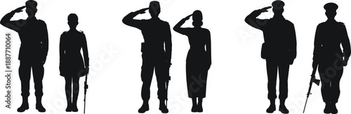 Military soldier silhouette set saluting isolated on white background, army men and women, defense, respect, patriotism, security, graphic design