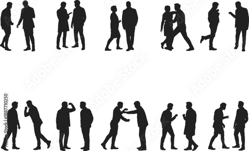 People silhouette set communicating, arguing and interacting isolated on white background, social behavior, conflict, discussion, teamwork, relationship, body language concept