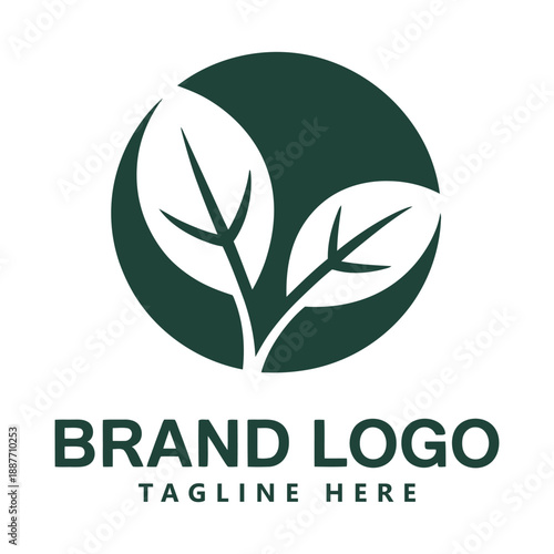Green leaf logo design with brand name and tagline template icon