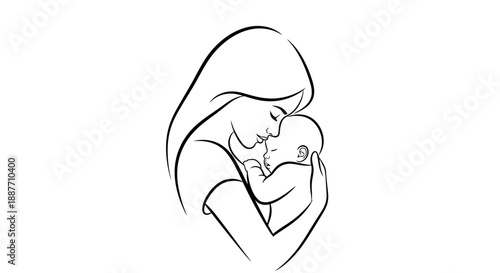 Mother holding her newborn baby tenderly in a simple line art drawing.