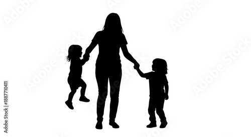 Mother holding hands with two children silhouette.