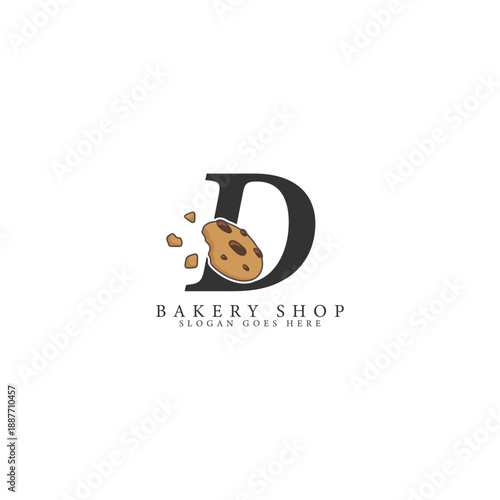 Letter D logo with cookie illustration. Alphabet D bakery and sweets Design Icon