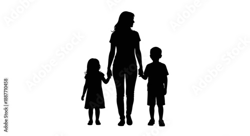 Mother and two children silhouette holding hands.