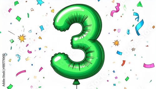 Green cartoon style balloon shaped as number 3 with confetti on white background. Illustration for birthday or anniversary party