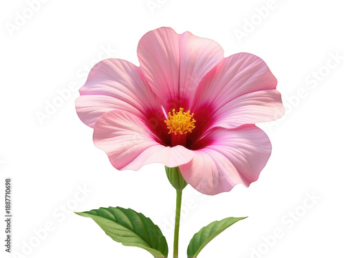 A single pink flower with green leaves on a white background
