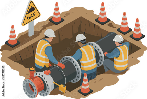 Construction workers installing underground gas pipeline in trench, utility infrastructure maintenance, roadwork safety, industrial engineering project, urban development illustration