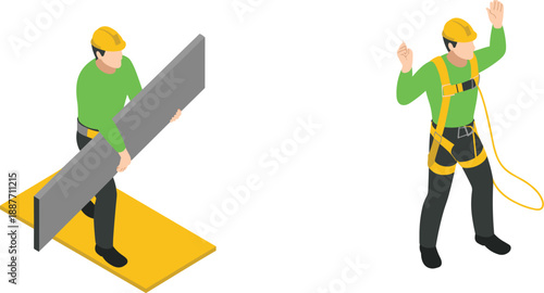 Isometric construction workers illustration with safety harness and building materials, industrial labor concept, engineering teamwork, flat design style