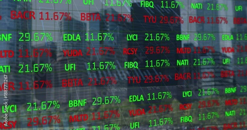 Animation of financial graphs and data over cityscape