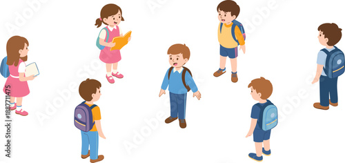 Isometric illustration of school children with backpacks and books, cute kids characters, education concept, learning activity flat design