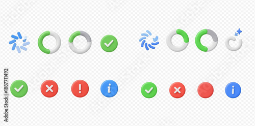Set of 3D rendering icons for status, loading, success, error, and information messages.