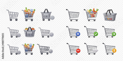 Shopping cart and basket icons with various states and items, perfect for e-commerce and retail designs.