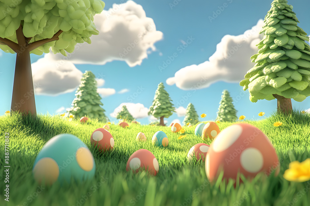 Fototapeta premium Green grass scene with a few trees in a soft spring landscape slightly easter style