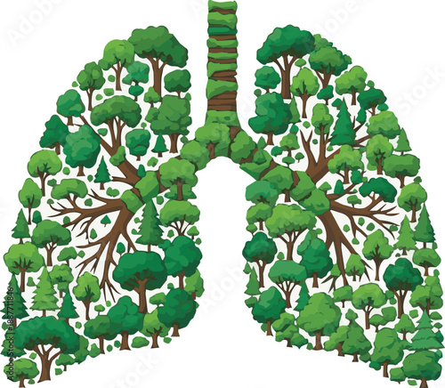 Lungs made of trees, symbolizing healthy environment and green lungs for clean air, nature's lungs with different tree species