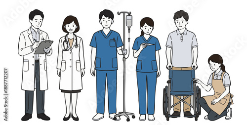 医師・看護師・介護士の医療従事者と福祉スタッフのイラストセット