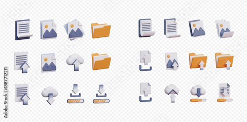 3D Rendered Icons Set: Document, Image, Cloud, and Folder for File Management, Upload, and Download Operations.