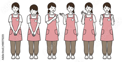 エプロンをつけた女性保育士の案内・挨拶・ポーズイラスト6種セット