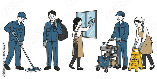 清掃スタッフの男女、ハウスクリーニング・ビル清掃のイラスト5種セット