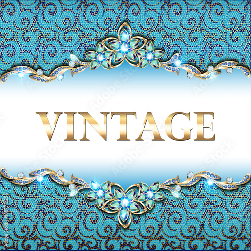 Illustration decorative volumetric vintage background frame with gold ornaments and precious stones