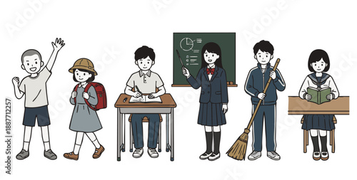 小学生の男女、授業・勉強・掃除など学校生活のイラスト6種セット