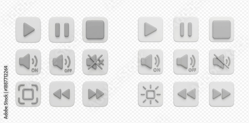3D render of white multimedia player interface buttons with play, pause, stop, volume, and navigation controls.