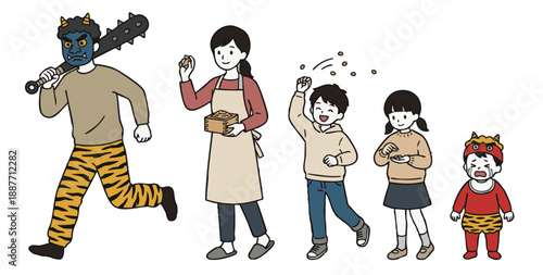節分の豆まきをする家族と鬼のコスチュームのイラスト5種セット