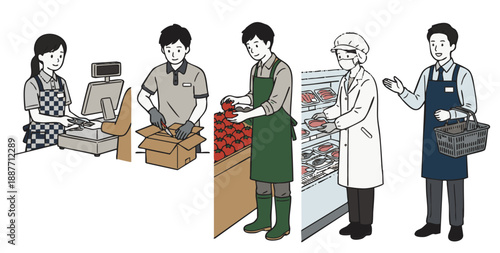 スーパーマーケットの店員・スタッフの男女仕事シーンイラスト5種セット