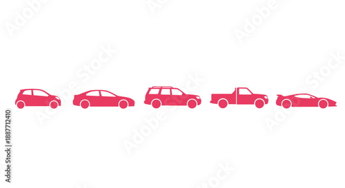 Collection of red car silhouettes in a row on white background.