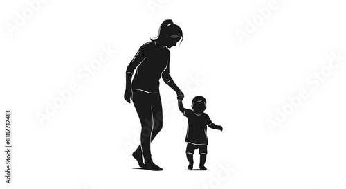 Mother Holding Baby Hand Walking Silhouette.