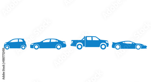 Collection of blue car silhouettes on white background.