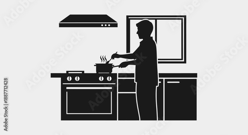 Silhouette of a person cooking in a kitchen.