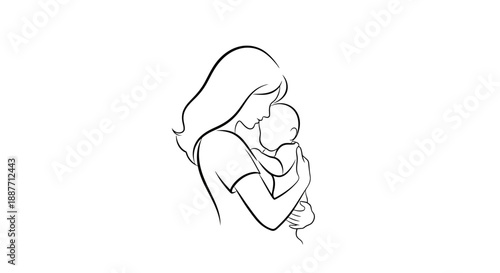Mother Holding Baby Line Art Silhouette.