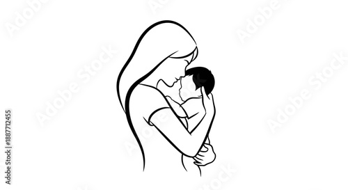 Mother holding her baby tenderly in a simple line drawing.