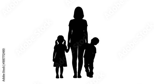 Mother Holding Hands With Two Children Silhouette.