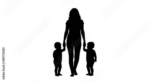 Mother walking with two children silhouette.