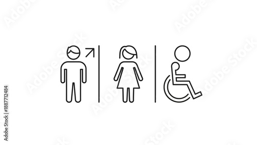Restroom signs for men women and disabled individuals.
